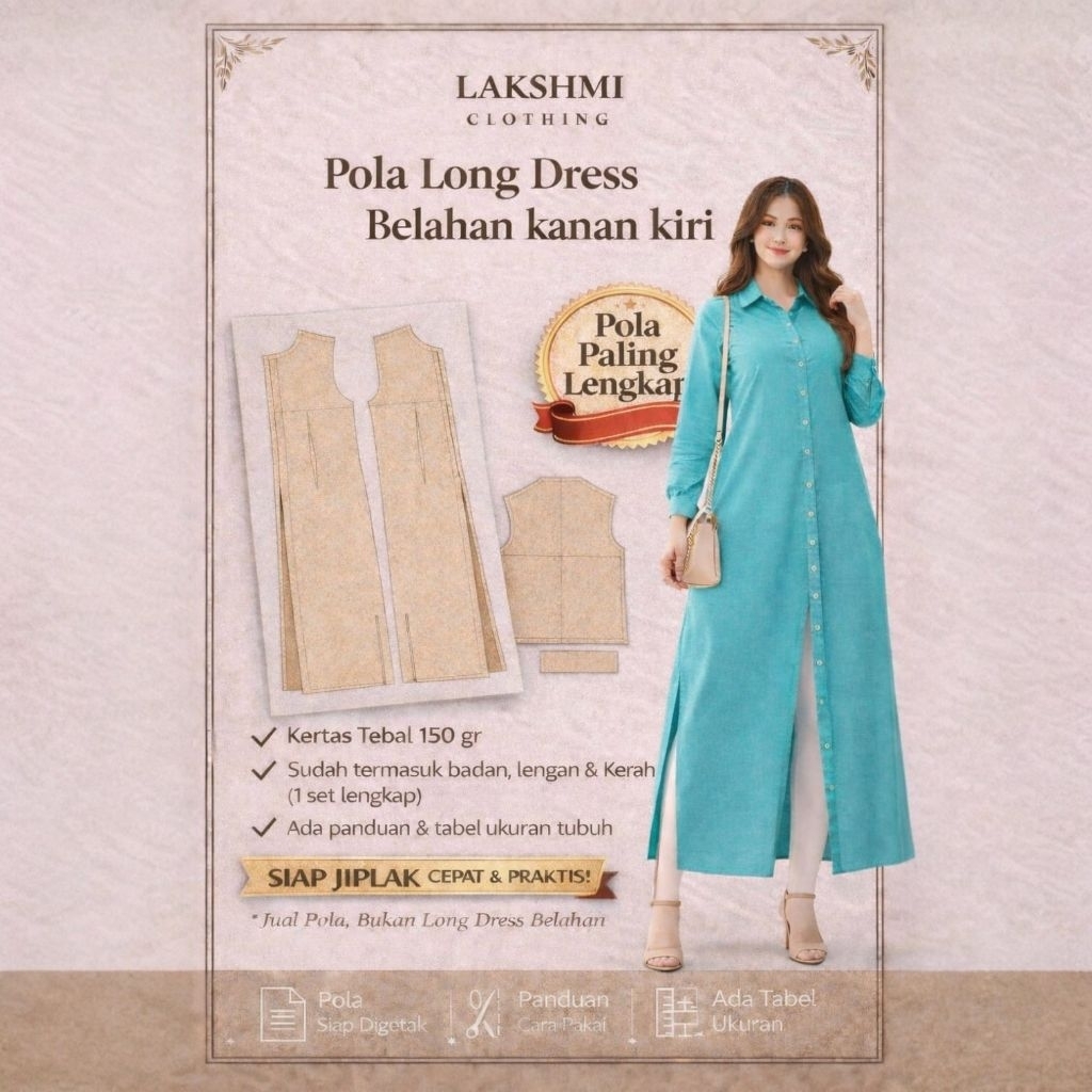 Pola Long Dress Wanita Belahan Kanan Kiri | All Size XXL-4XL | Siap Jiplak Kertas Samson 150gr