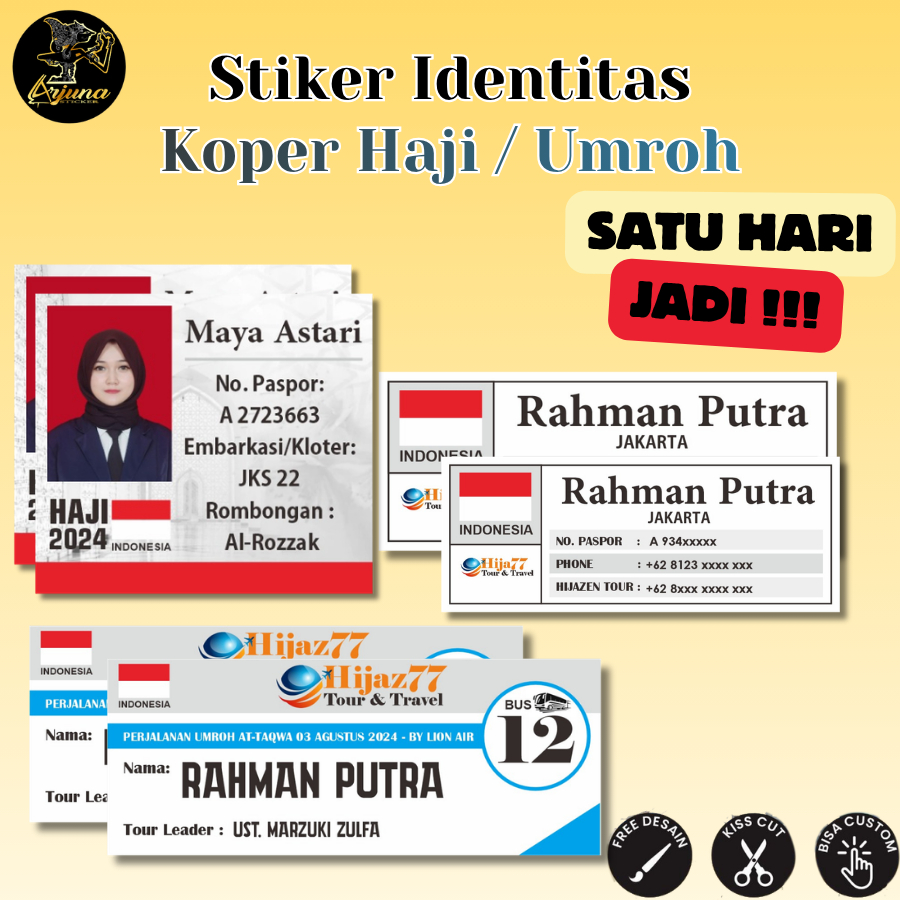 Arjuna Cetak Sticker Identitas Koper Haji Umroh Bisa Pakai Foto dan Nama Bahan Stiker Vinyl Anti Air
