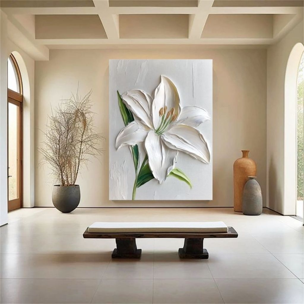 lukisan dinding bunga lily 1 batang handmade tekstur tebal modern art 3d aesthetic
