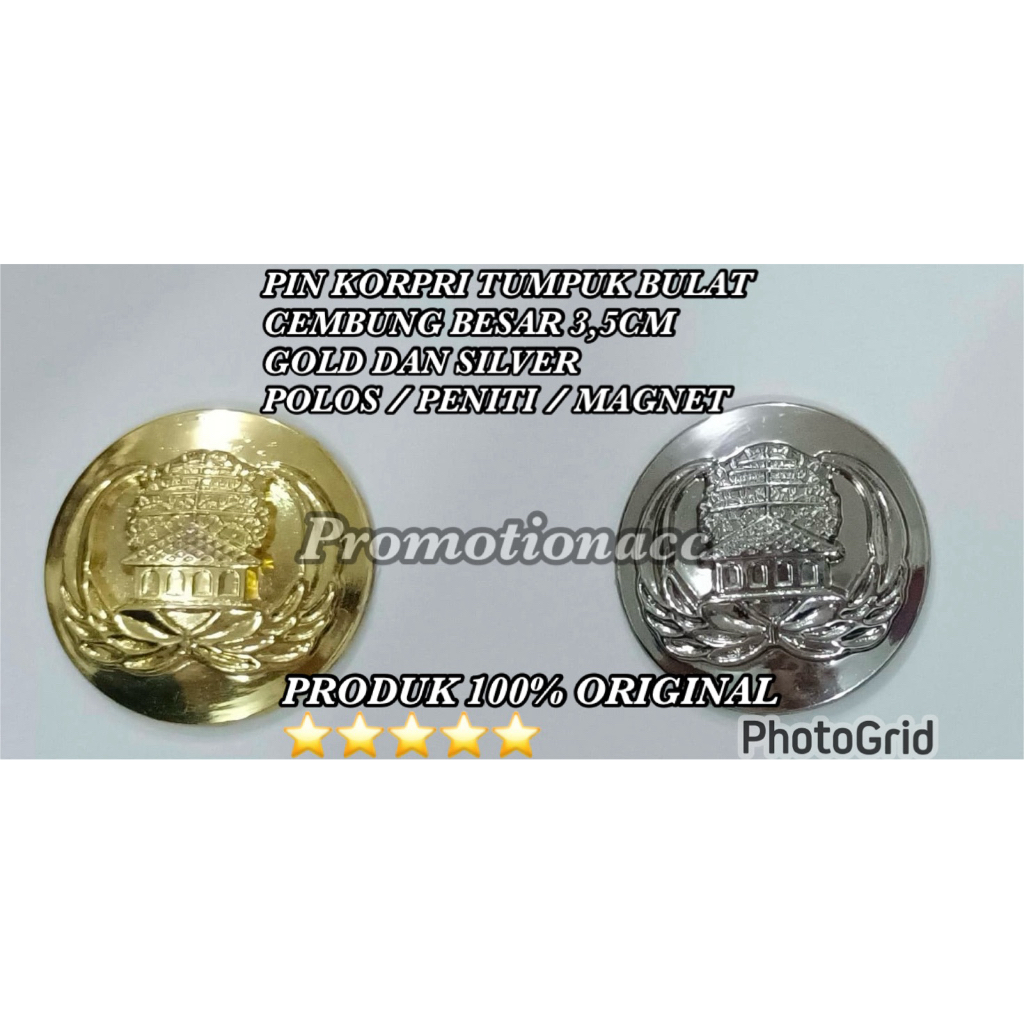 Pin Korpri Tumpuk Bulat Cembung Besar 3,5cm Gold Silver Polos Peniti Magnet Pin Bros Bross Korpri AS