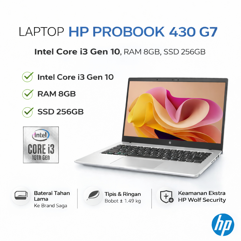LAPTOP HP PROBOOK 430 G7 INTEL CORE I3 GEN 10 RAM 8GB SSD 256GB SECOND