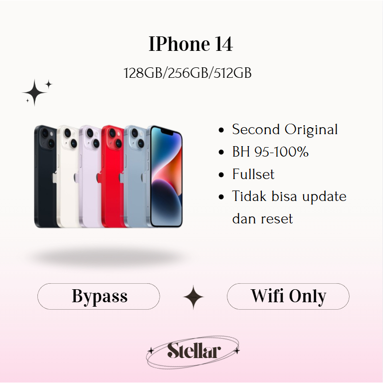 IPHONE 14 WIFI ONLY 128GB/256GB/512GB Bekas Second Original Mulus Fullset Game/Live/Merekam Video