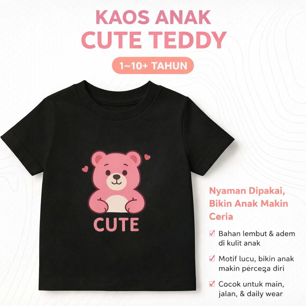 Baju Anak Perempuan Cute Bear Hitam Putih – Kaos Anak Cewek Karakter Beruang Lucu & Gemes | Outfit A