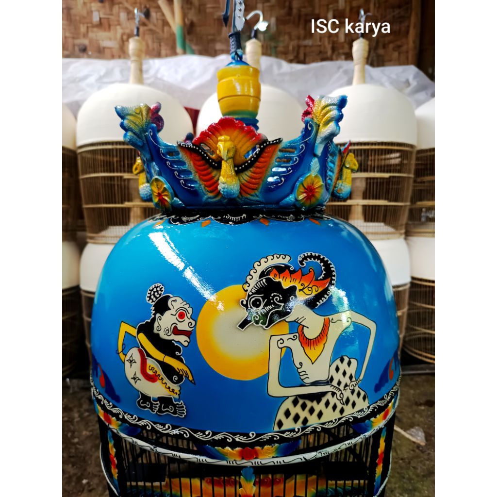 Sangkar Burung Perkutut Mahkota Motif Wayang&Semar Fullset Aksesoris Fiber