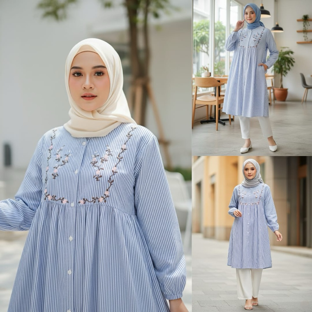 TUNIK DAN MIDI DRESS WANITA BORDIR SUSUN SHANGHAI KATUN SALUR ZARA PREMIUM (BUSUI FRIENDLY)