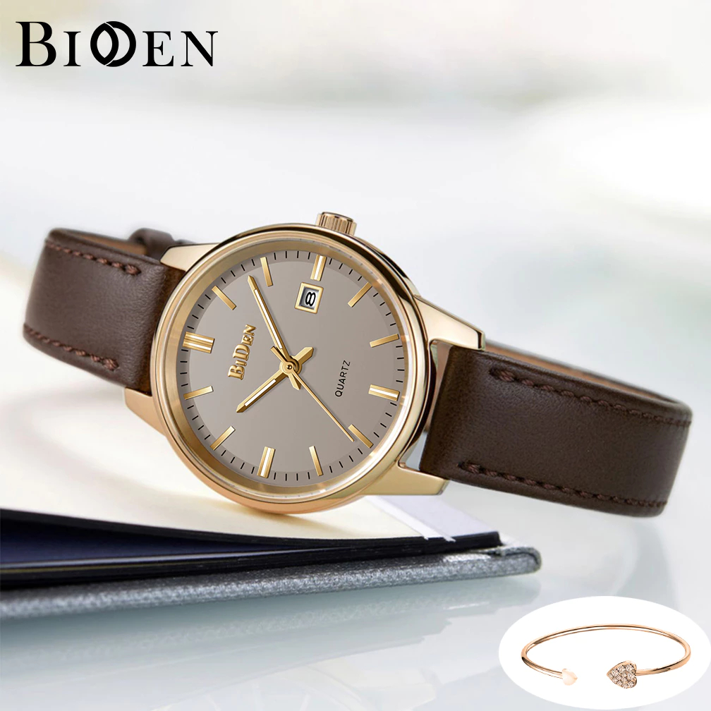BIDEN 2031L Jam Tangan Wanita Anti Air Korea Elegan Kuarsa Klasik Kalender dan Tali Kulit Original