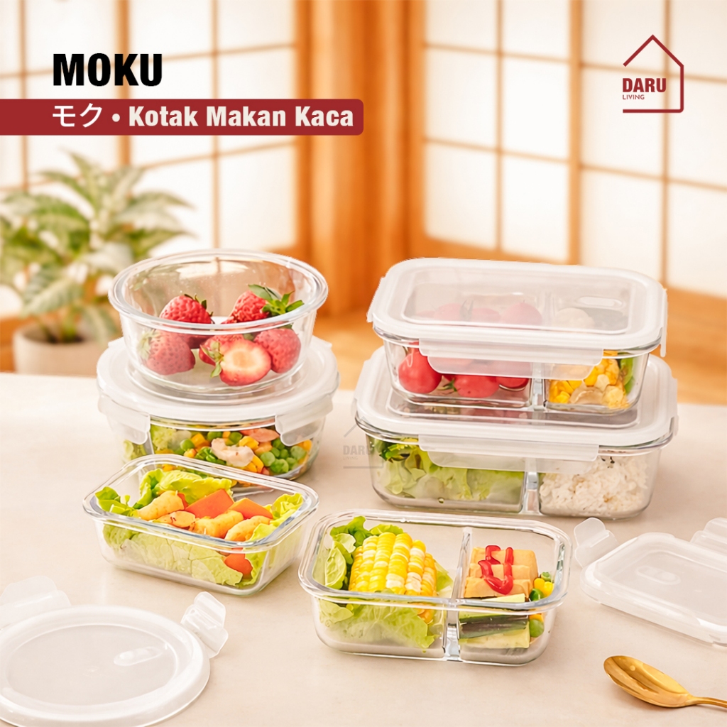[DARU] MOKU -  Lunch Box Kotak Penyimpanan Makan Bahan Kaca Microwave Oven Safe Bersekat /Lunch box 