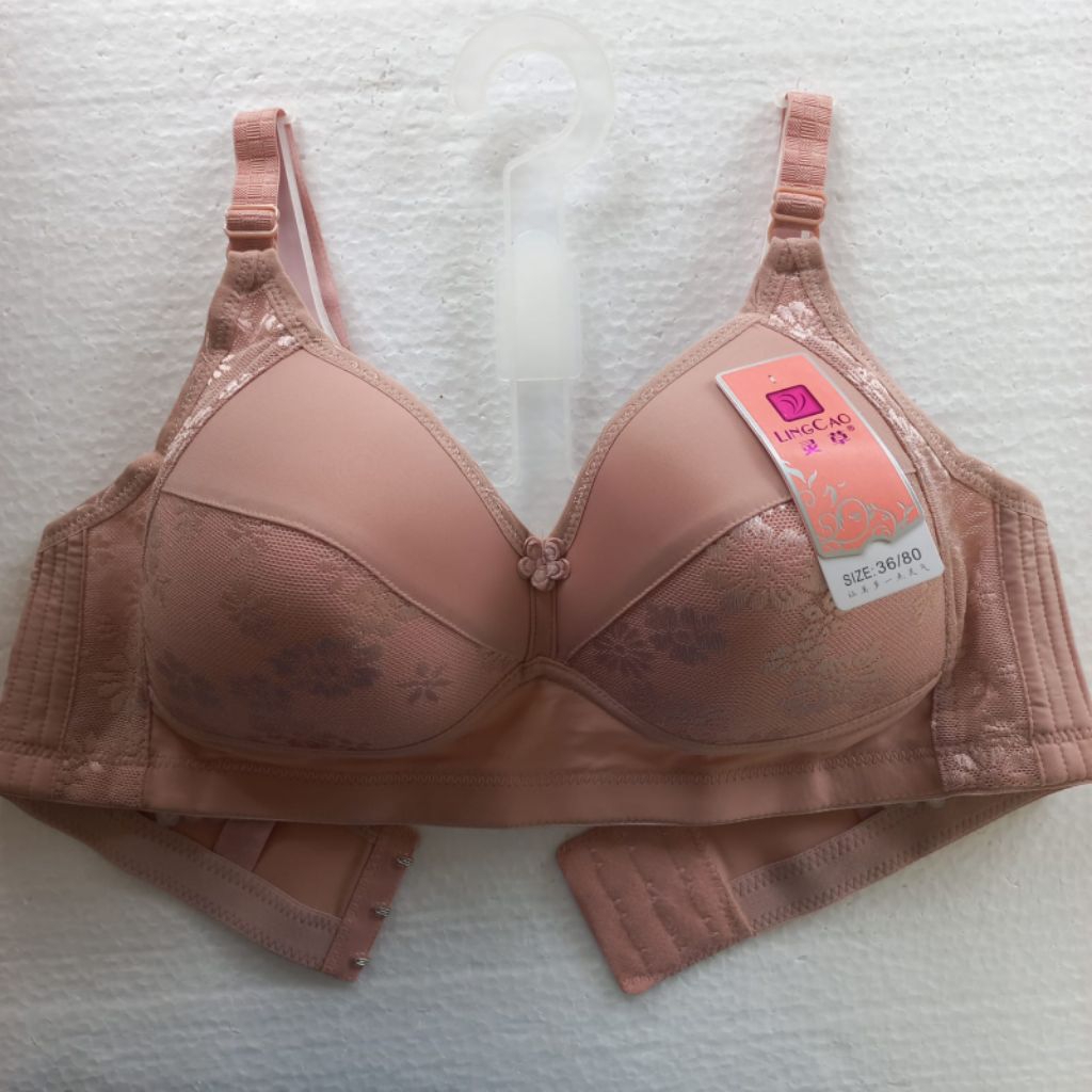 LINGCAO (ORIGINAL) BRA Cup C Busa Tipis Tanpa Kawat Motif Bunga Mengkilap Kait 3 Size 36-42