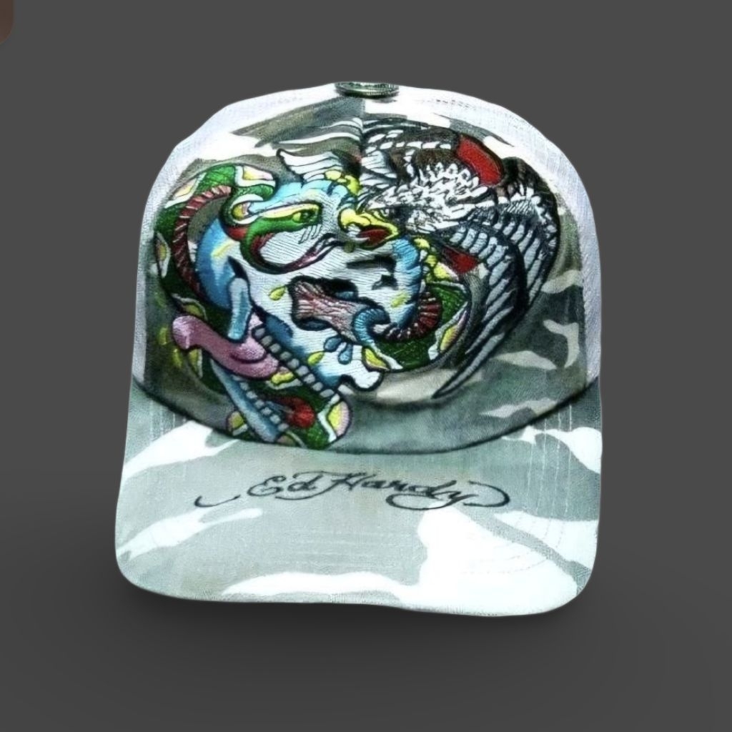 Topi Ed Hardy Original Christian Audigier - Trucker Cap Y2K Tattoo Art Eagle Skull - Rare Item