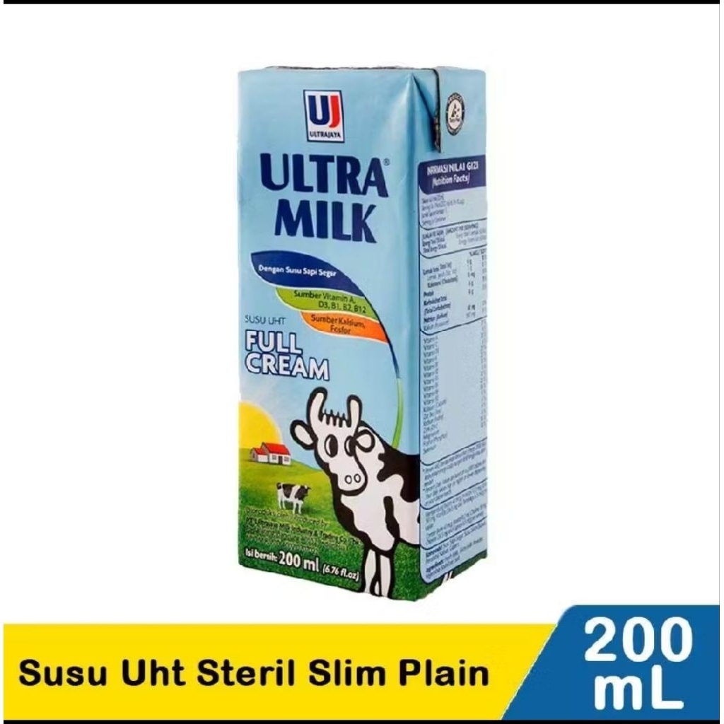 Susu UHT Ultra Milk Full Cream 200ml 24pcs/1dus - Rasa Plain, Low Fat, Tinggi Kalsium
