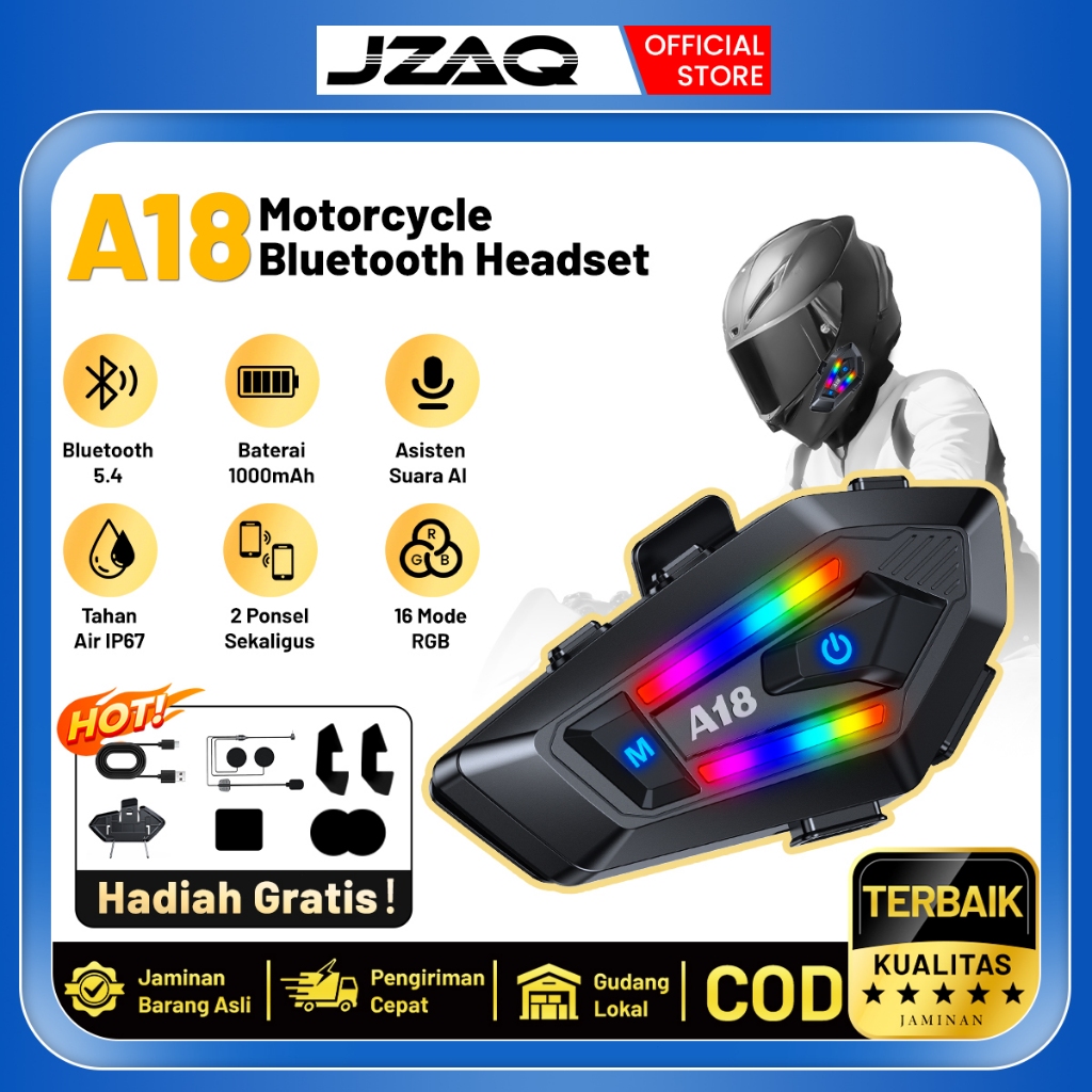 JZAQ A18 Headset Helm Bluetooth - Baterai 1000mAh, BT 5.4, Fitur Noise Cancelling & Asisten Suara.