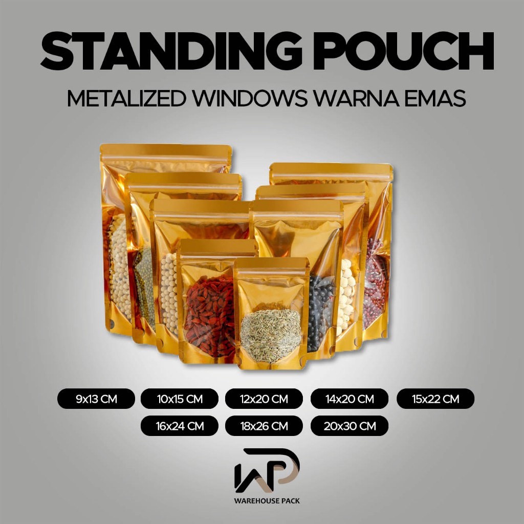 ( 1 Pcs ) Standing Pouch Metalized full Clear Windows Warna Emas | Standing Pouch Ziplock Clear | Pl
