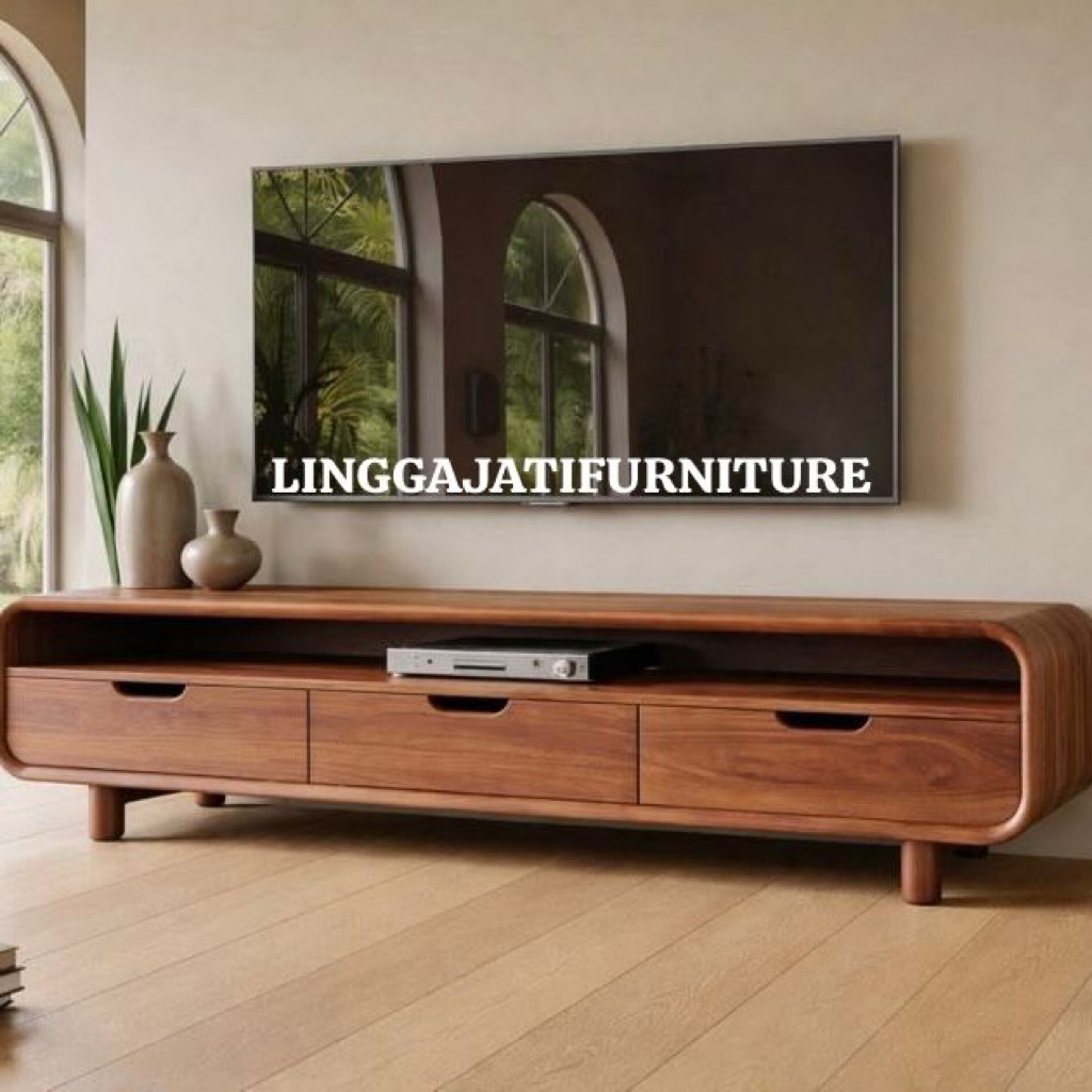 Rak TV Kayu Jati Solid Minimalis Model Lengkung Modern Scandinavian Meja TV Estetik