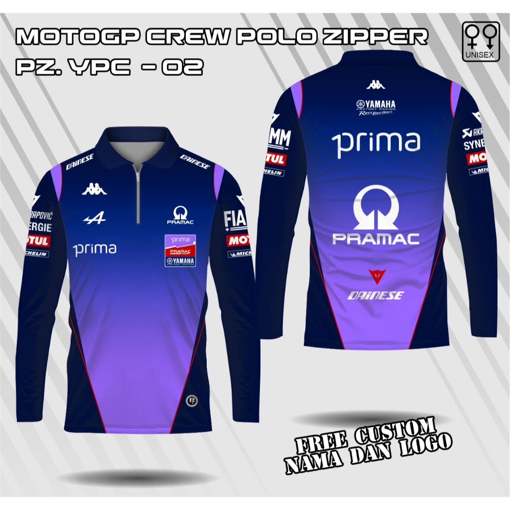 jersey polo crew motogp team yamaha pramac kerah zipper lengan panjang baju motogp yamaha prima kaos