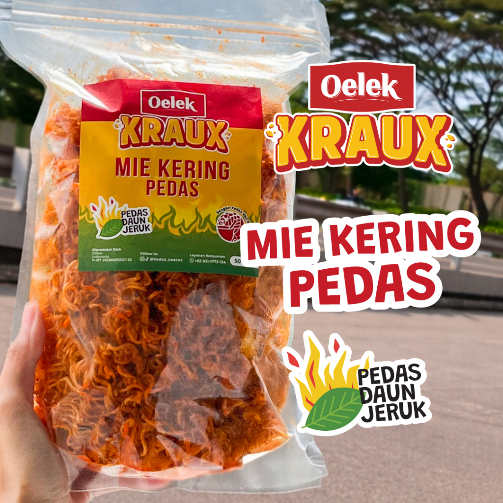 Oelek Kraux Mie Kering Pedas Daun Jeruk 200 - 500gr / Jajanan Pedas Cikruh / Mie Kering Bumbu Pedas 