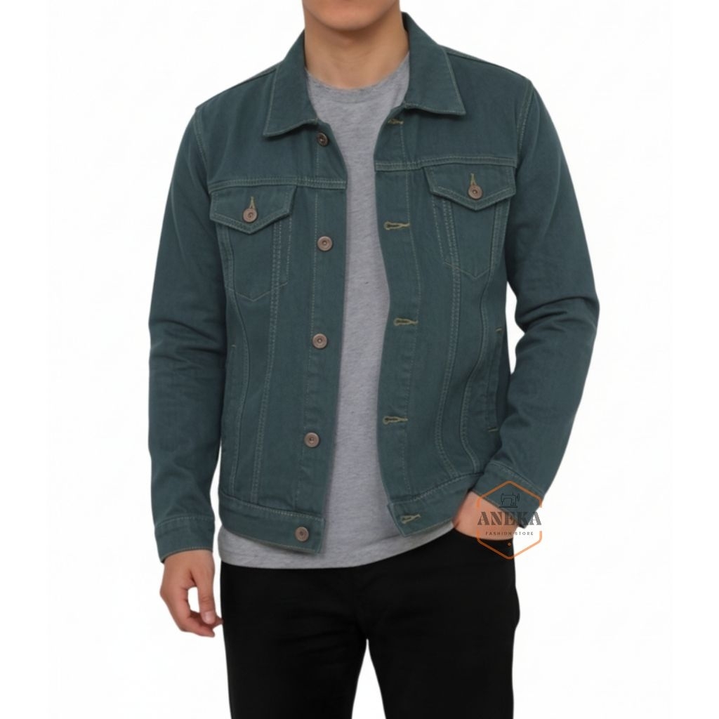 Jacket Jeans Pria Denim Slimfit Hijau Size M L XL