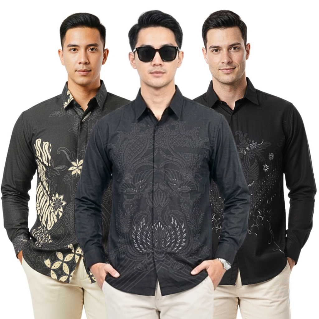 PRIPOEN BATIK Kemeja Batik Pria Hitam Lengan Panjang Modern Lengan Panjang Casual
