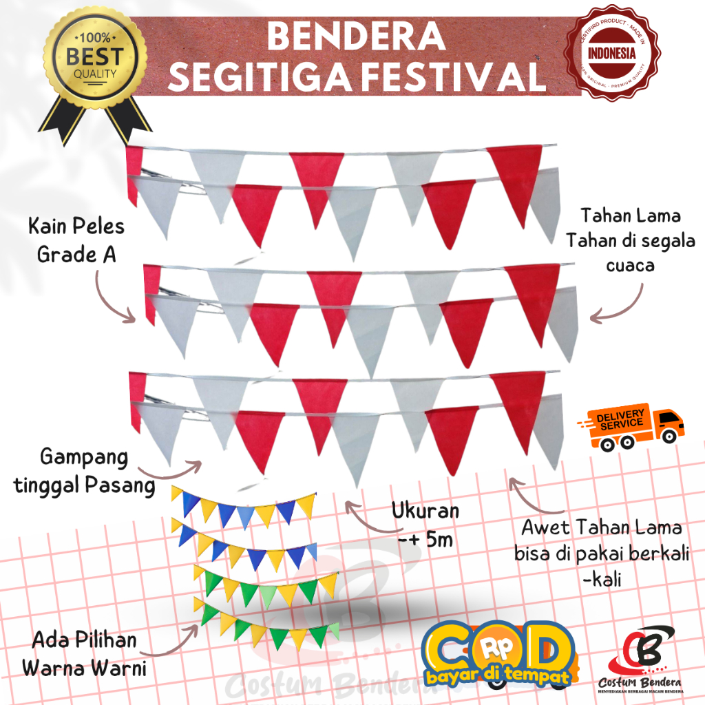 Bendera Segitiga Festival Merah Putih Ukuran 25m, 50m, 100m Premium Bahan Peles - Siap Kirim