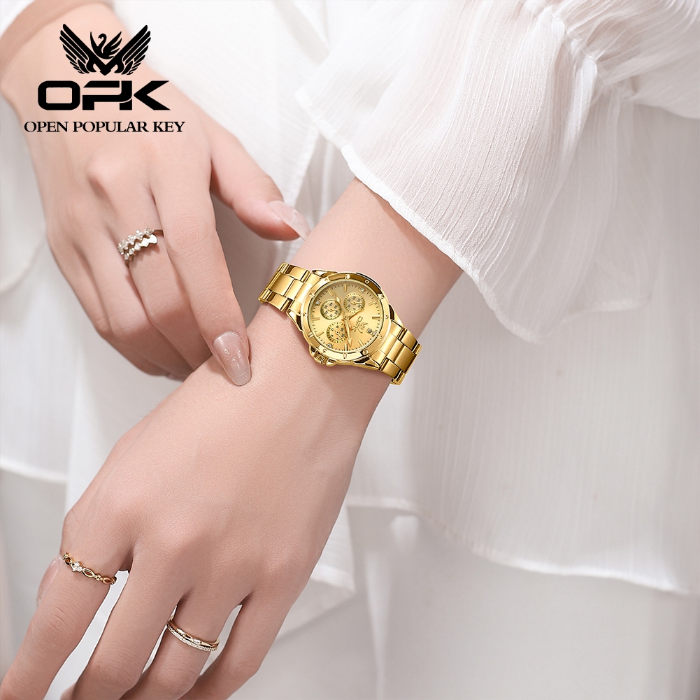 New Product Opk Jam Tangan Wanita Anti Air Original Terbaru Stainless Steel Bercahaya Emas Fashion