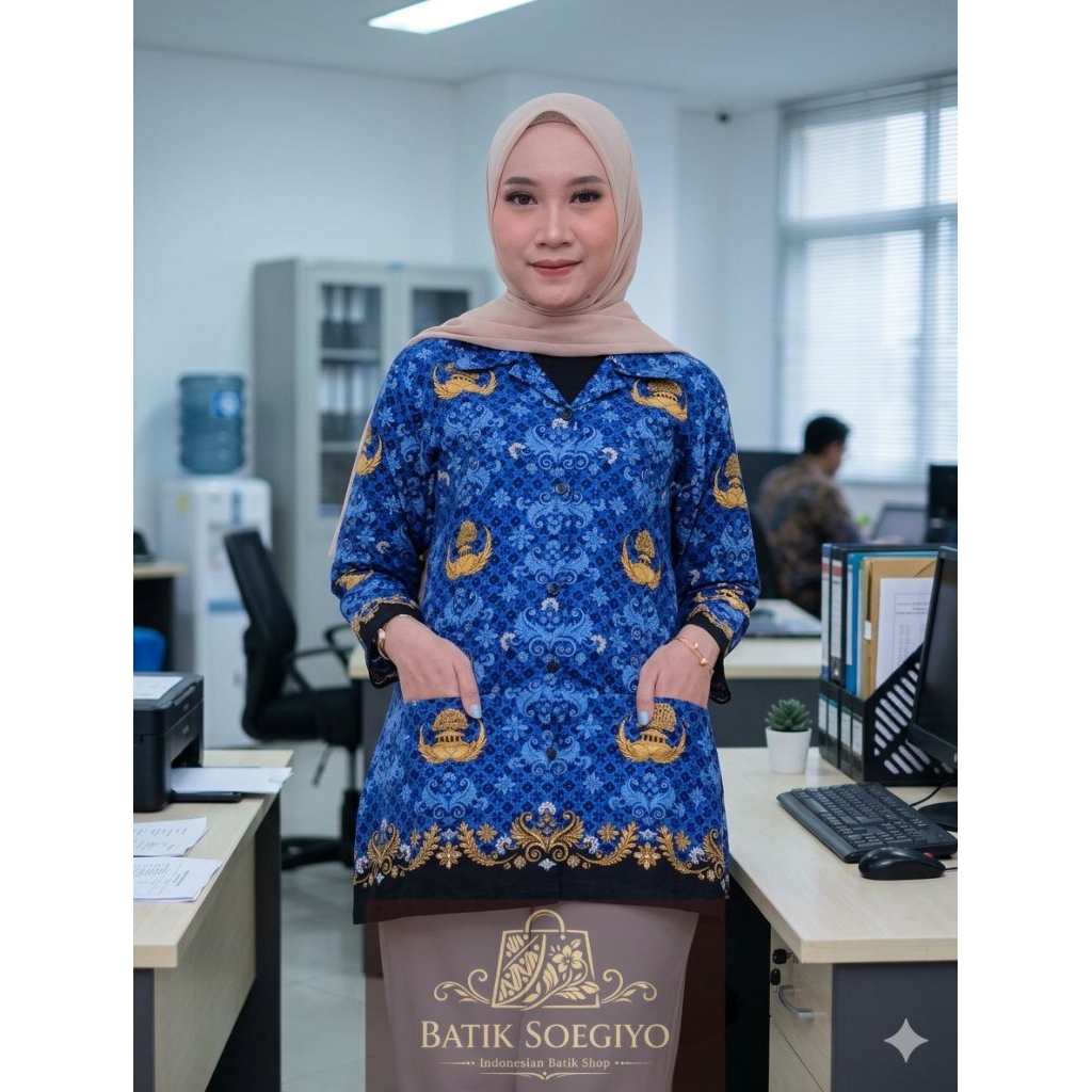 Non Puring Baju Batik KORPRI Tunik Terbaru 2024 2025 Kerah Hitam Tanpa Lapis Furing Pria Wanita Katu