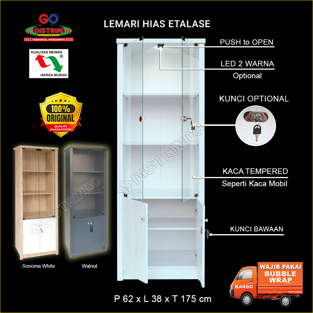 Distrindo - Lemari Hias Etalase Pintu KACA, Lemari BAWAH + KUNCI Cocok untuk Tas Kosmetik Boneka