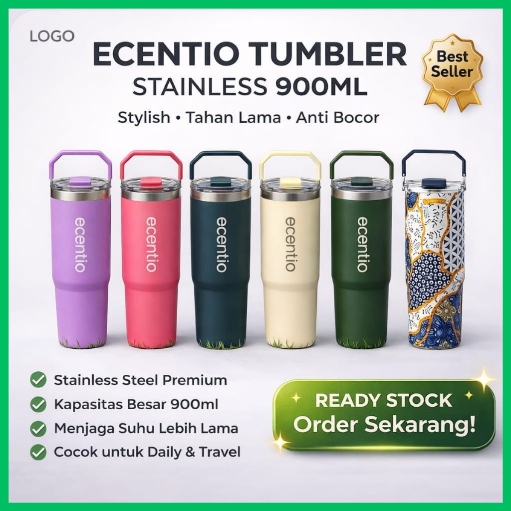ecentio tumbler 900ml original botol minum stainless steel 304 anti bocor + sedotan