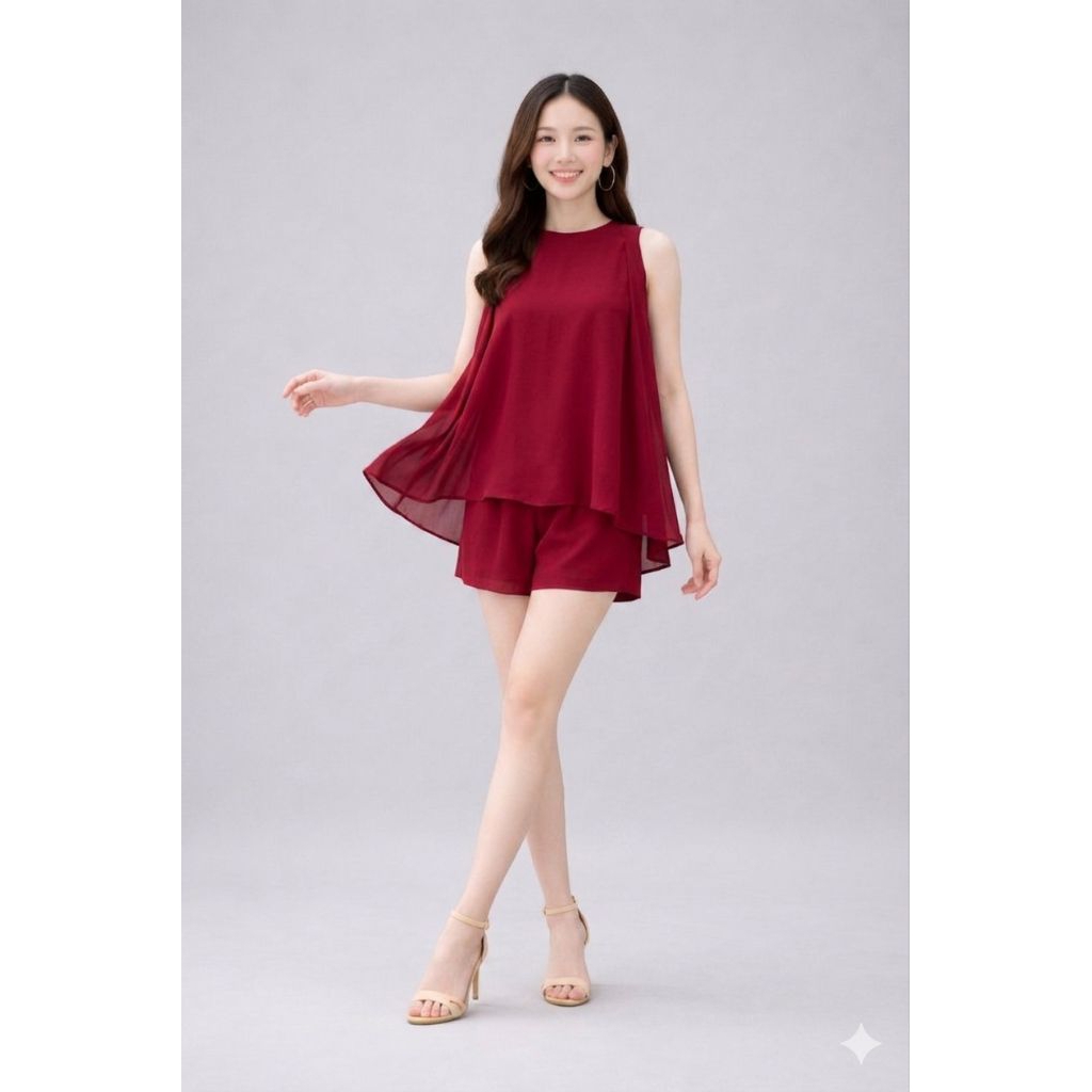 Setelan Wanita Loose Fit Flowing Top + Celana Pendek Daily Outfit