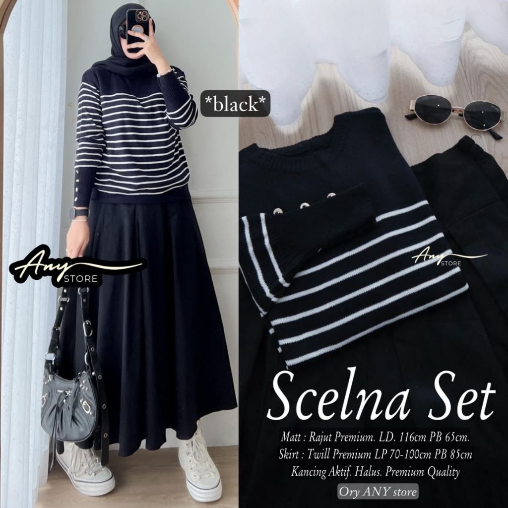 scelna Set Wanita Rajut Premium Stripe + Rok Twill Hitam Kekinian LD 116 Setelan Muslim Casual