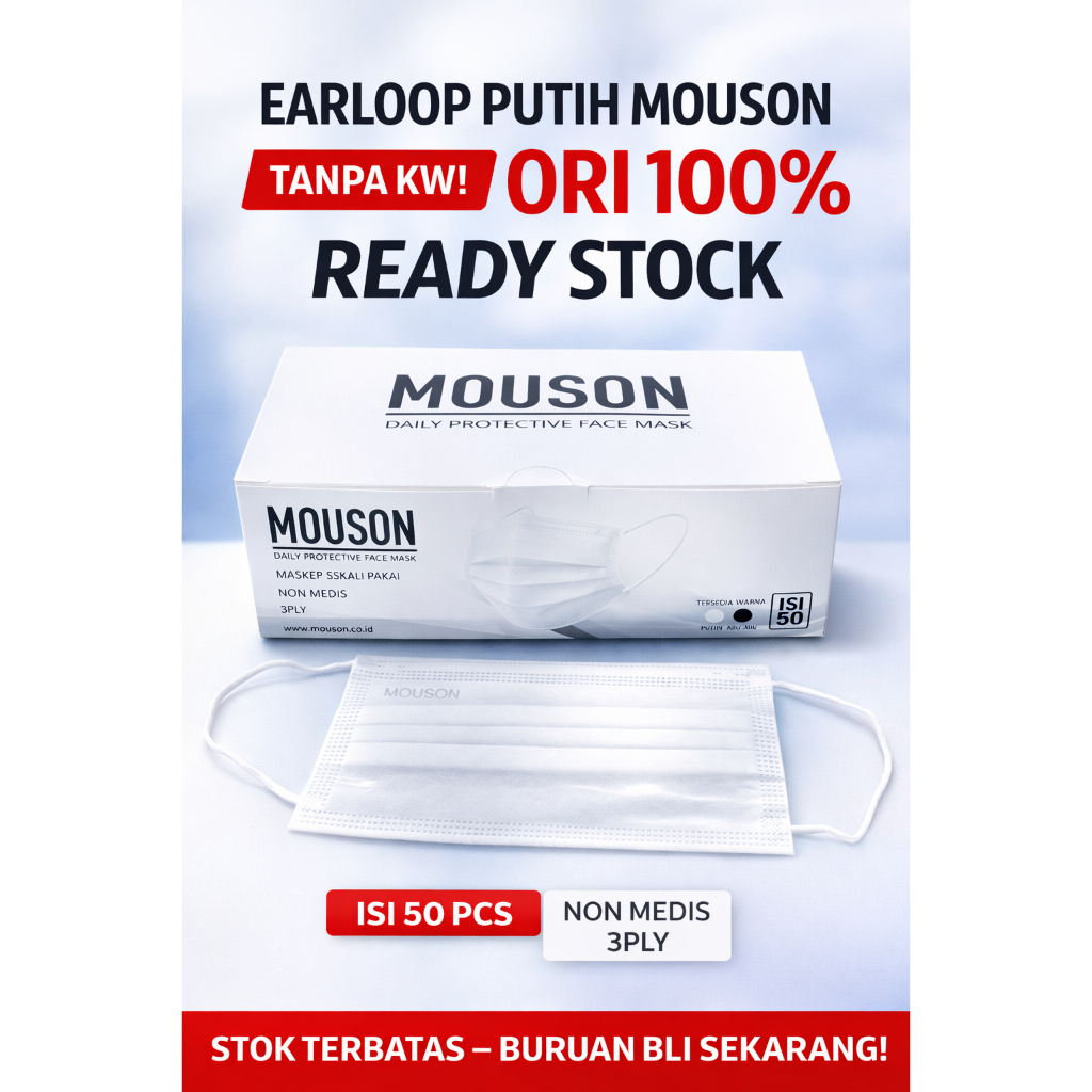 Masker Earloop 3Ply MOUSON Isi 50 Pcs-Masker Earloop 3 Ply MOUSON– Isi 50 Per Box, Kualitas Tebal Pr