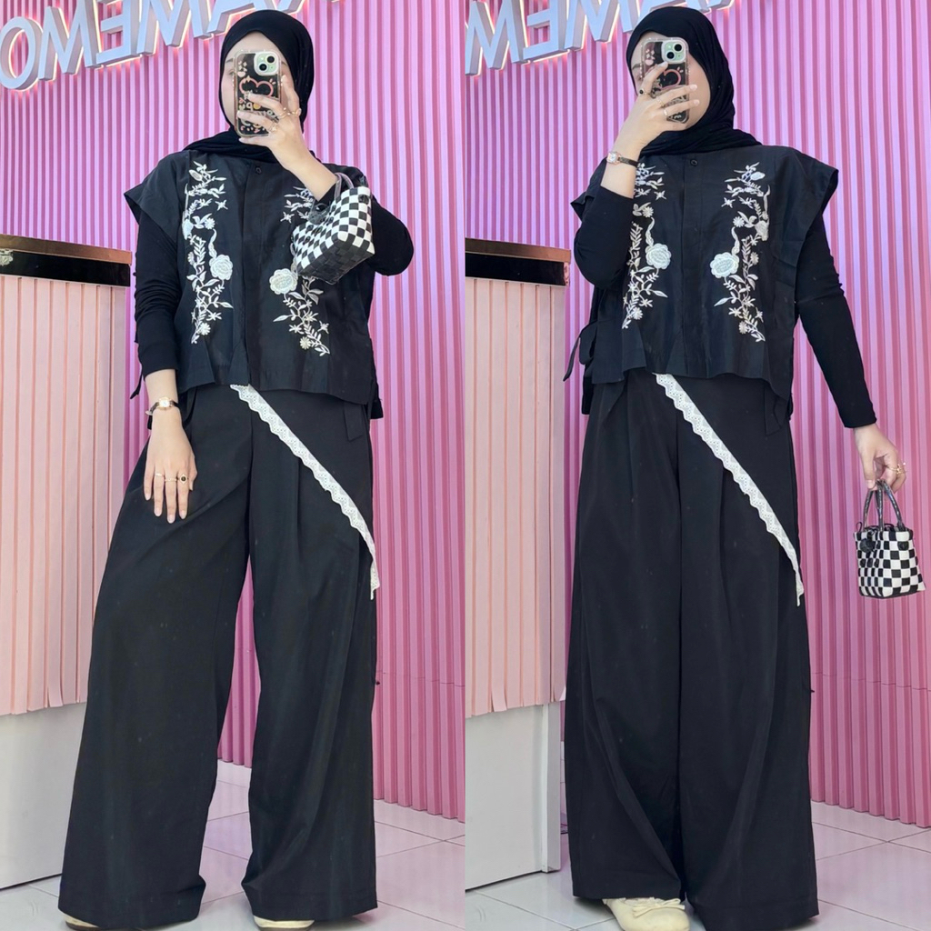 Vest Bunga Wanita Floral Outer Hitam – Rompi Motif Bunga Korean Style Kekinian