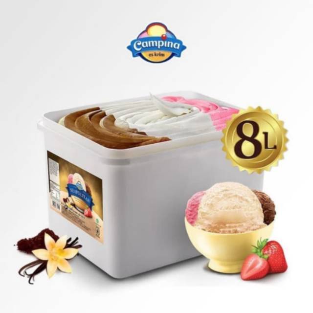 [1 Paket 5 Kotak] Campina Es Krim 8 Liter Berbagai Rasa, Putih, Coklat, Strawberry, Vanila