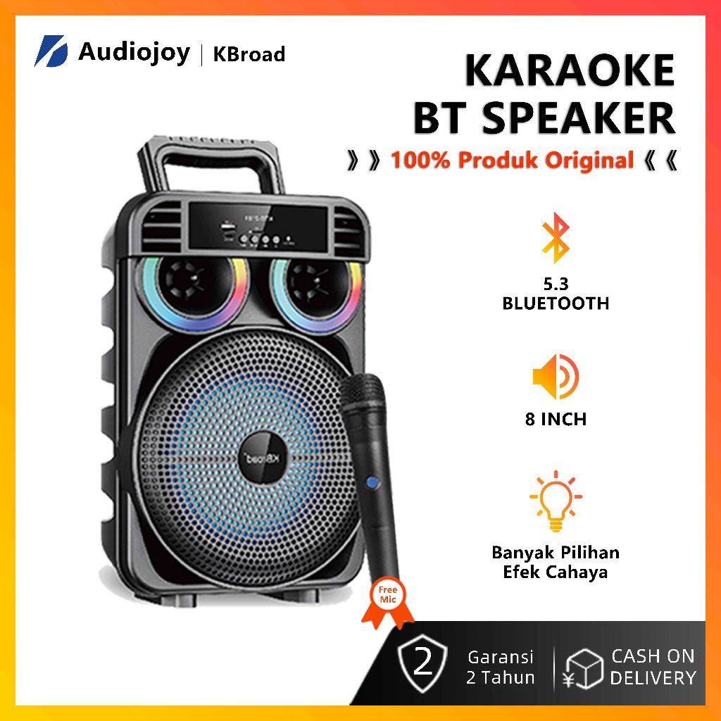 Speaker Bluetooth Karaoke Portable Pesta Outdoor 8 Inch Free Mic Slot Mikrofon Lampu RGB Garansi 12 