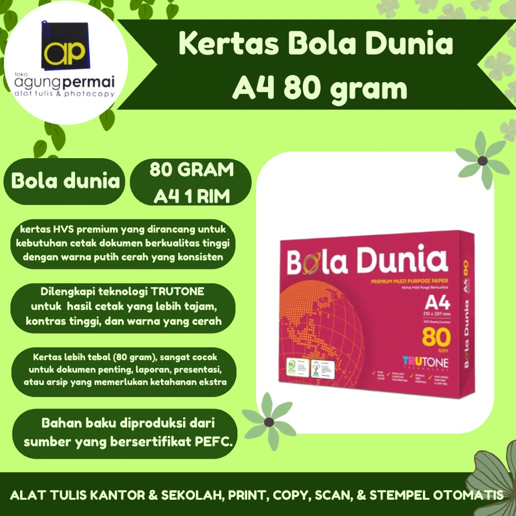 Kertas Bola Dunia A4 80Gsm/Gram (1rim)