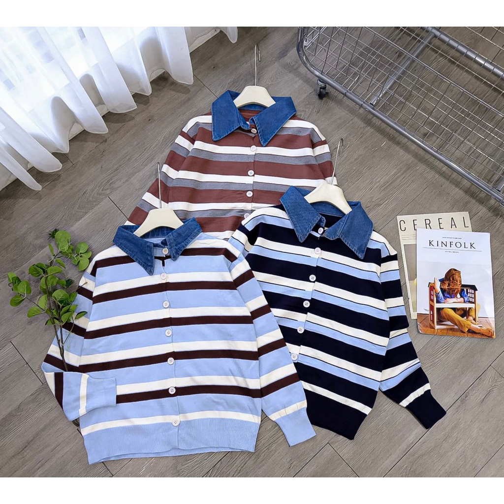 Stripe basic cardigan knit import || basic cardigan knit import