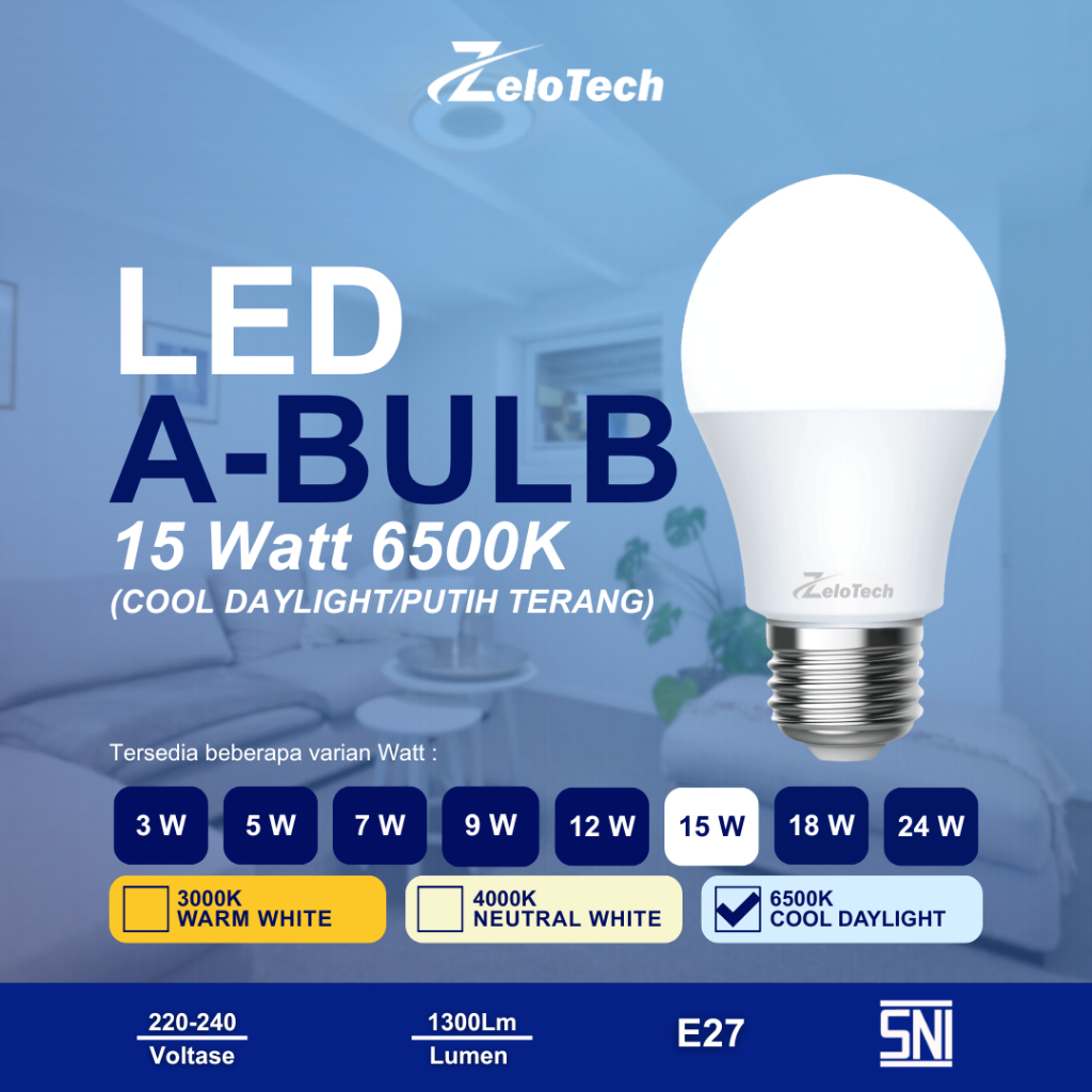 Zelotech Lampu A Bulb 15W 1300lm E27 (Beli 2 Gratis 1) Bohlam Rumah Murah SNI / Bohlam Lampu LED Cah