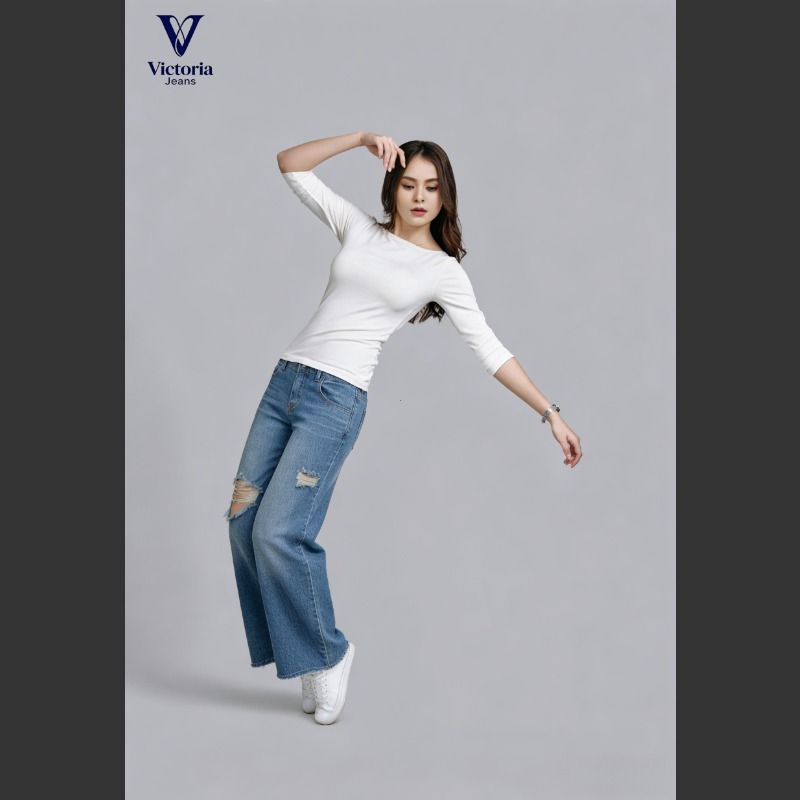 Victoria Jeans - Celana Jeans Ripped Jumbo Wanita | Pinggang Karet Highwaist | Casual Street Style -