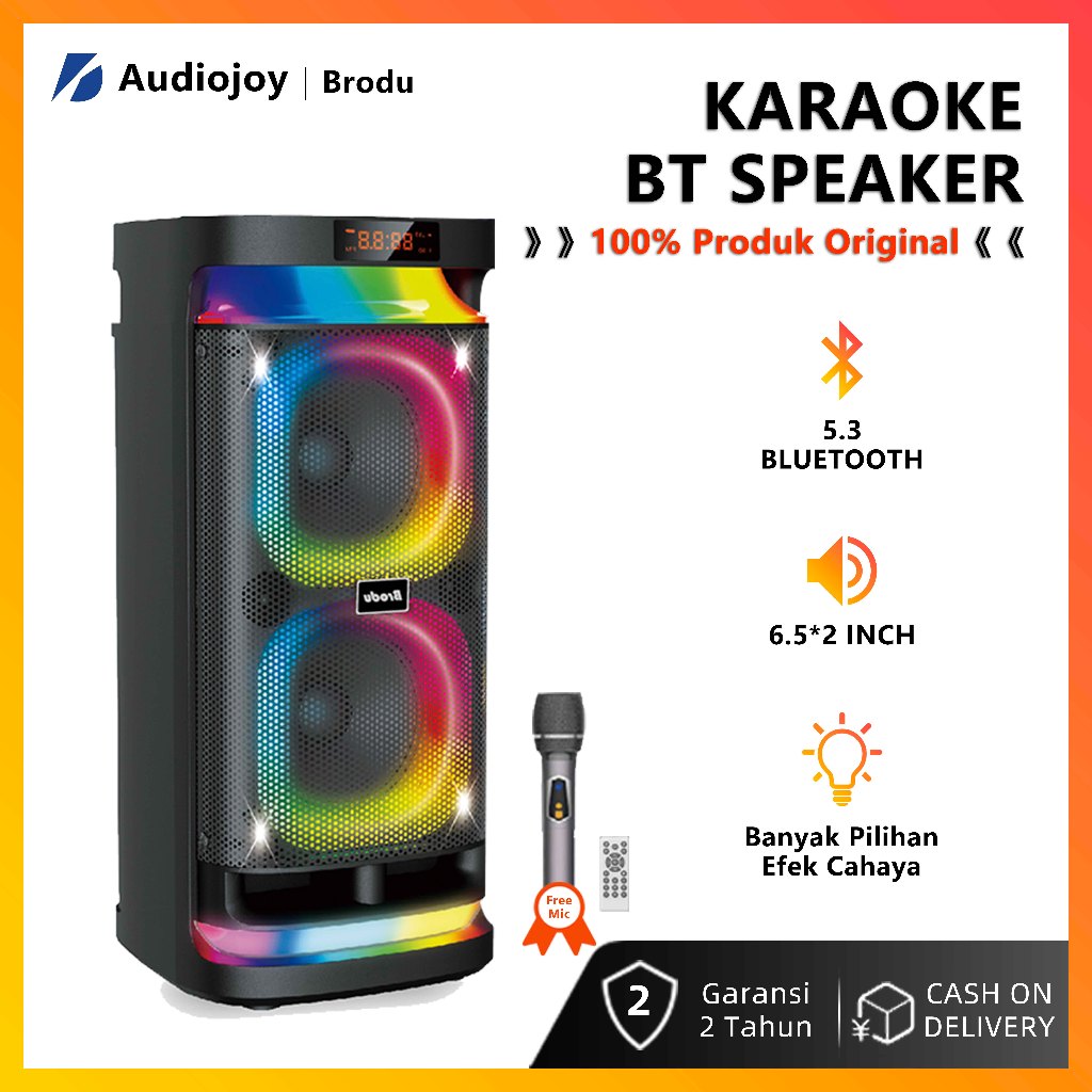 Speaker Karaoke Brodu 6.5x2 Inch Bluetooth 5.3 Free 2 Mic Wireless, Lampu RGB, Support Gitar & Remot