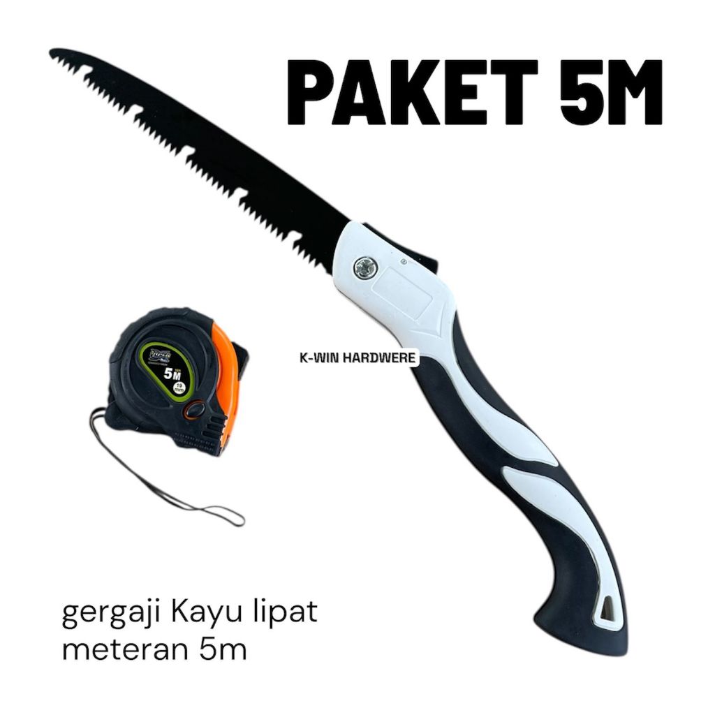 Paket Hemat Gergaji Kayu Lipat Baja Sk5 / Gergaji Tukang Meteran 5M Karet
