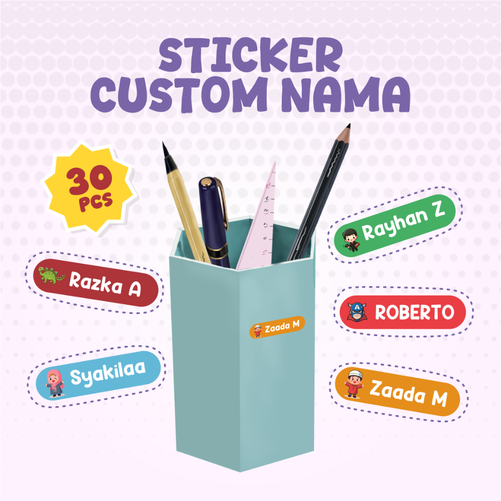 Sticker Custom Nama Alat Tulis Piring Sendok Botol Gelas Perabotan timbul waterproof label