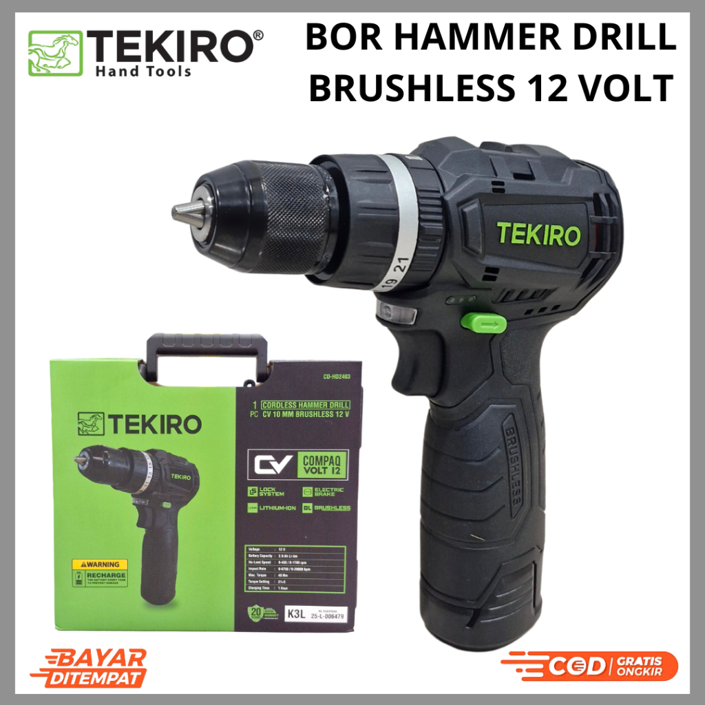 Tekiro Bor Tembok Beton Batre 12 Volt Cordless 2 Batrei Hammer Drill Brushless 100% Original