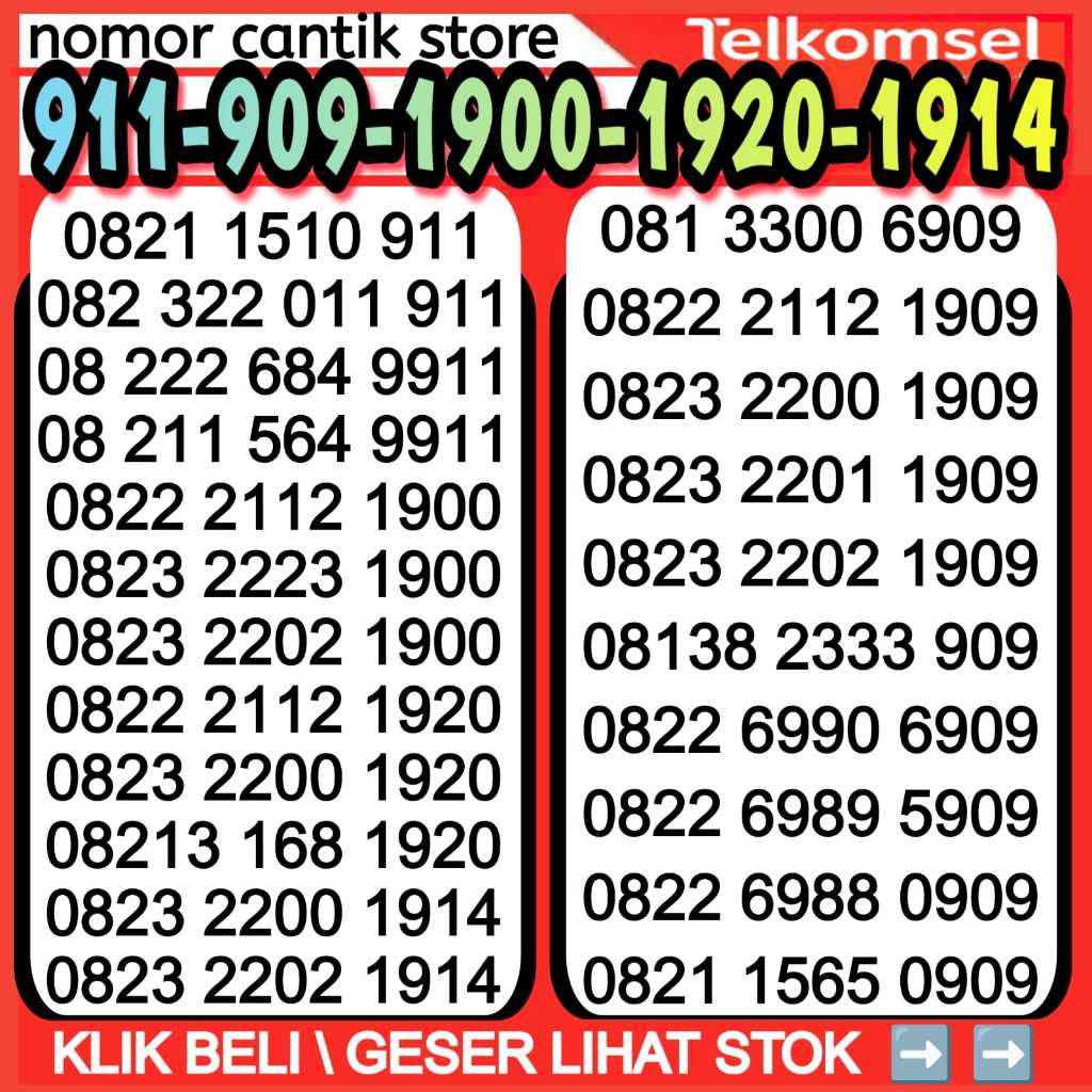 NOMOR CANTIK TELKOMSEL EKOR 911 - 909 - 1900 - 1920 - 1914 KARTU PERDANA PRABAYAR 4G-5G LTE