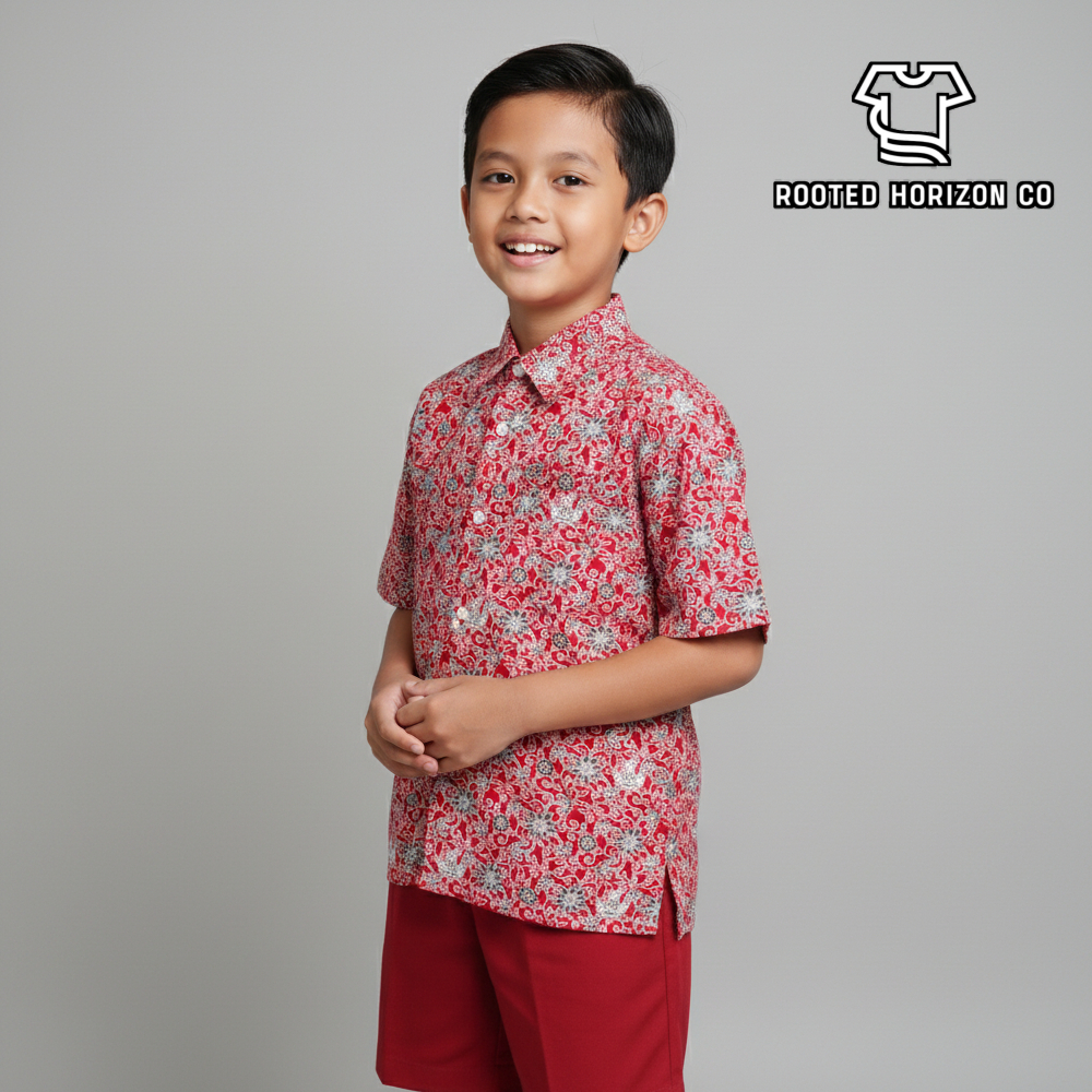 Seragam Sekolah Batik Motif Bunga Rampe Warna Merah SD/MI Lengan Pendek