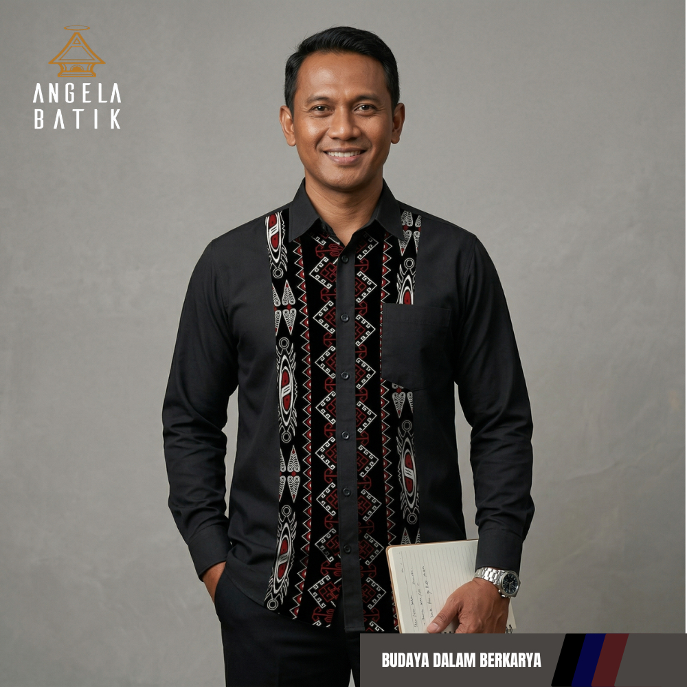 Angela Batik | Batik Pria Motif Papua PA32 | Kemeja Pria Katun Lengan Panjang Papua Hitam SE33