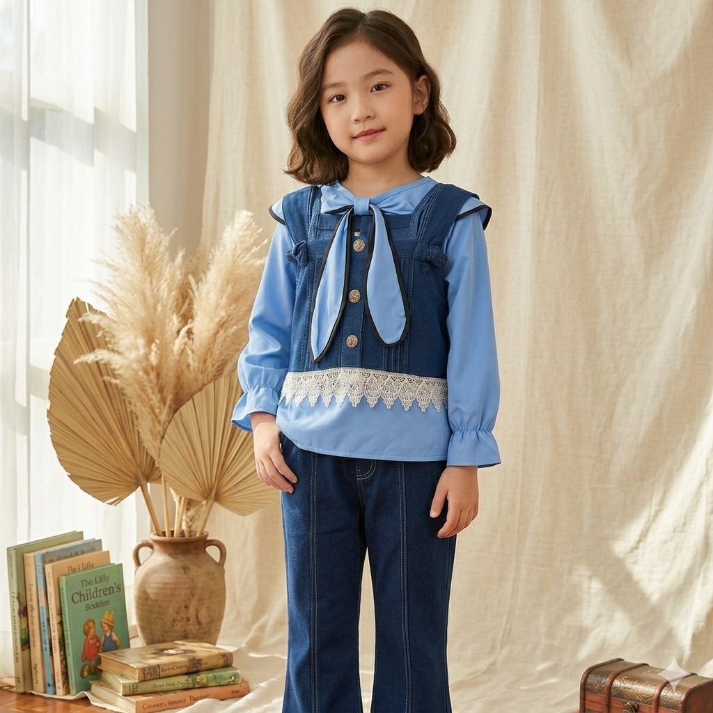 Setelan 3 in 1 Katun Micro dan Celana Levis 3 in 1 Anak Perempuan Usia 3 Sampai 12 Tahun