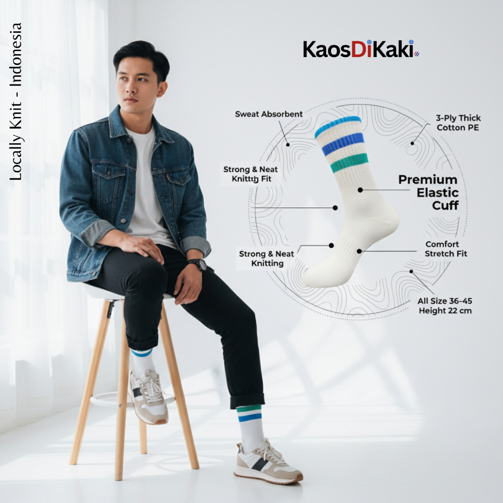 KaosDiKaki | Kaos Kaki Pria Putih Garis Biru Tosca, 3-Ply Cotton PE, Elastis, All Size
