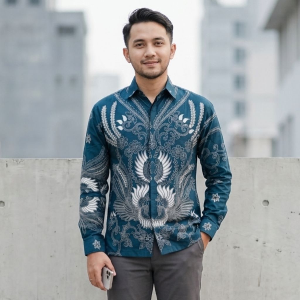 Batik Pria Lengan Panjang Lapis Furing Emerald Blue Bahan Katun Modern Reguler - Seragam Batik Pesta