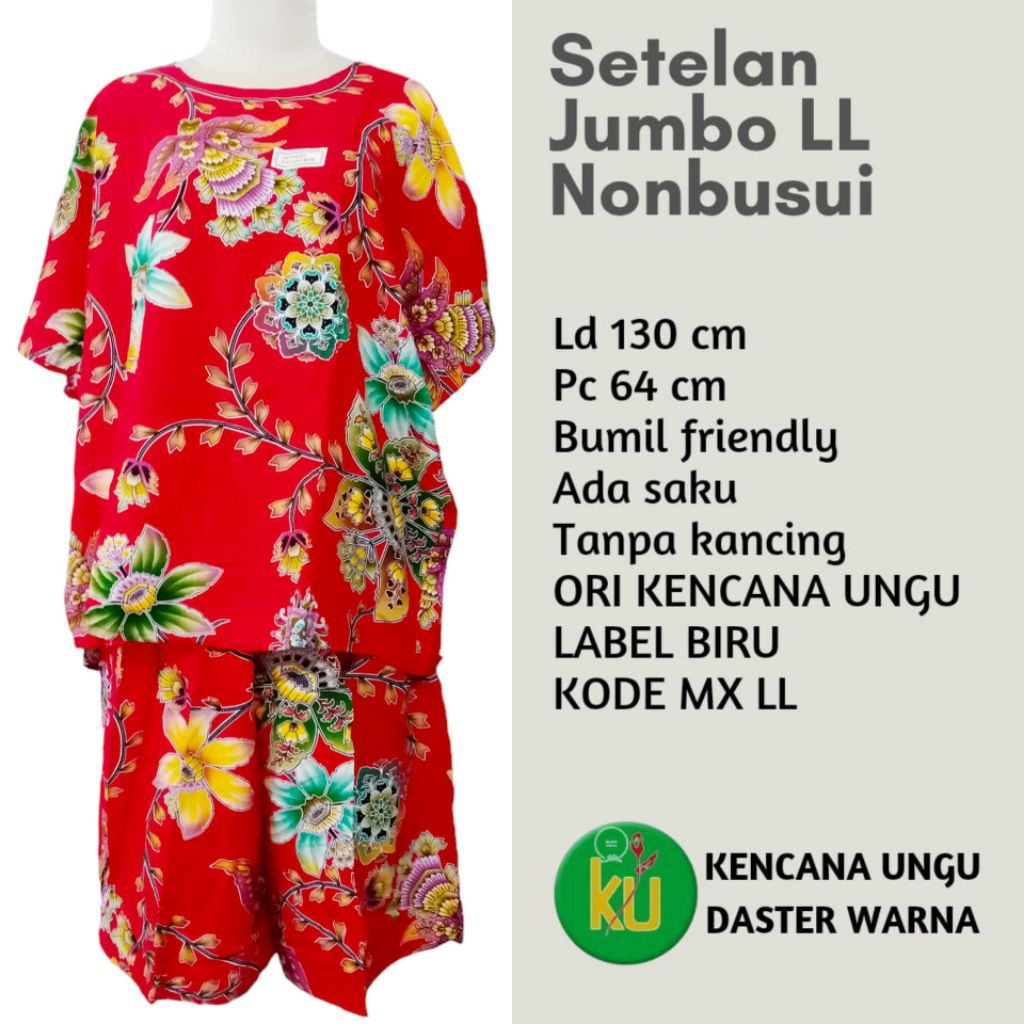 Setelan Baby Doll Baju Tidur Kulot Jumbo Tanpa Kancing Stelan Batik Kencana Ungu Label Biru Original