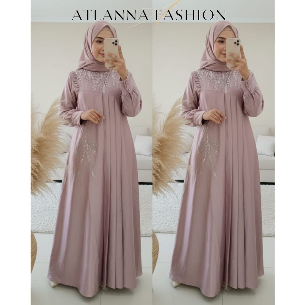 atlanna fashion gaun chic muslimah satin velvet elegan tile payet dada mix swarovski warna rose gold