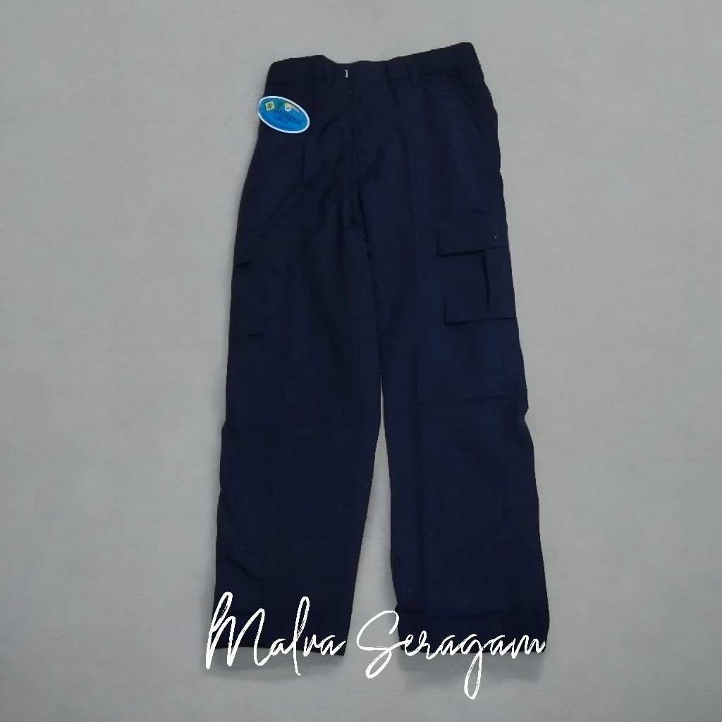 Celana PMR Biru PDL/CARGO/GEMBLOK SMP/SMA Panjang Tanpa Karet — Merk SERAGAM