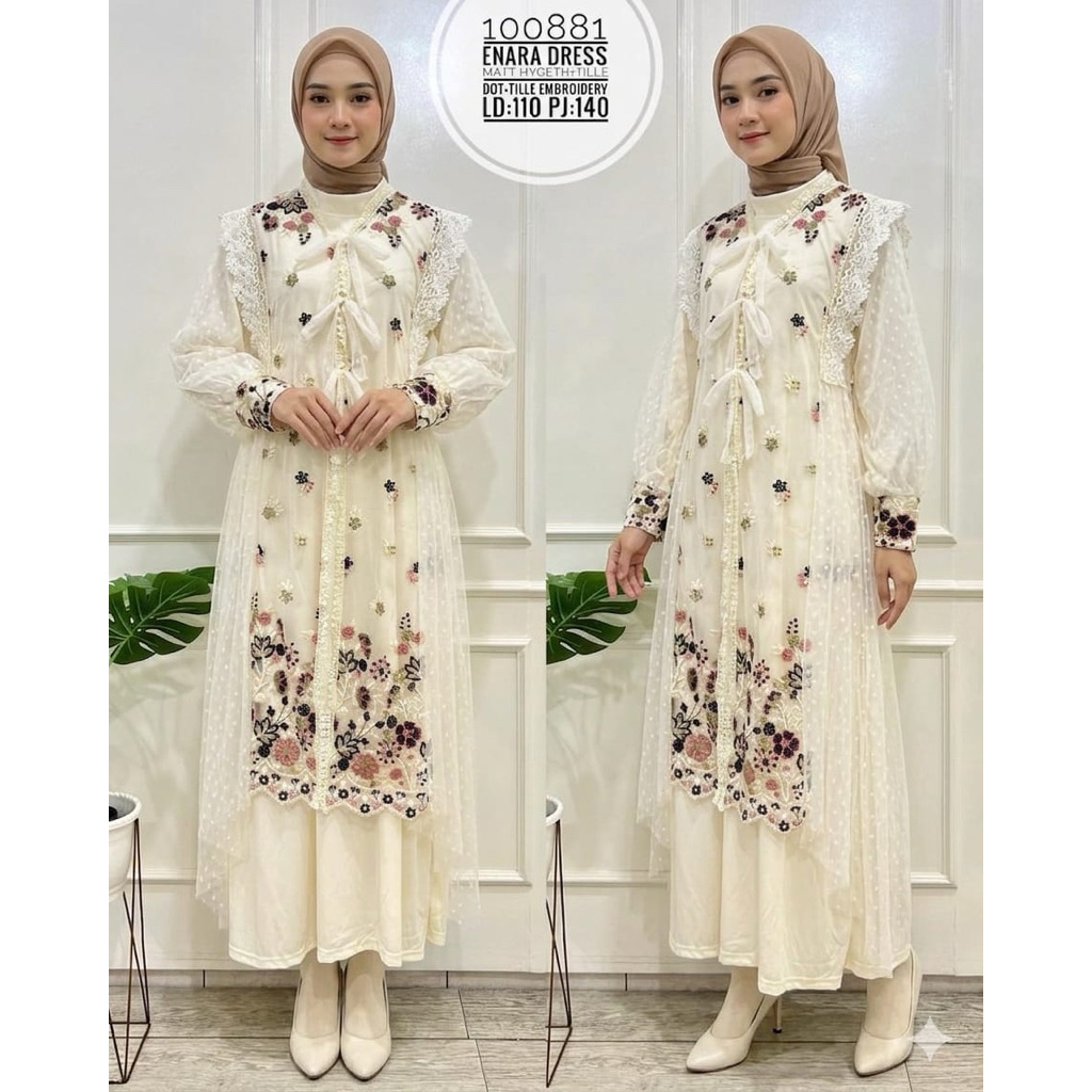 Enara Dress Cream Gamis Brokat Tille Embroidery Mewah Baju Kondangan Wanita Muslimah Modern Pesta El